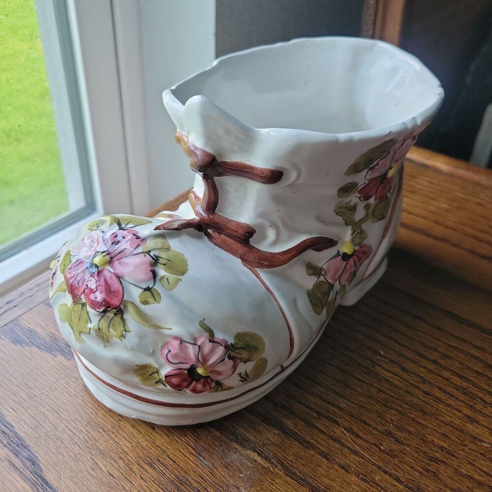 Vtg Italian Boot shaped Planter Floral Bootlace Porcelain Signed Italy Pansies